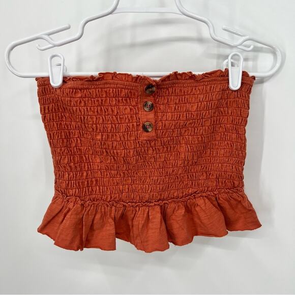 We The Free Tops - Free People We The Free Orange Smocked Ruffle Strapless Cropped Tube Top Small